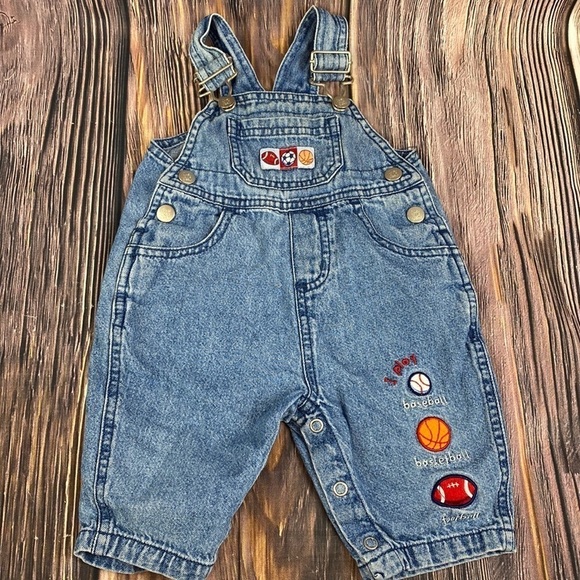 Infant Just One Year Sports Themed Blue Jean Overalls- Size 6 months - Picture 1 of 6